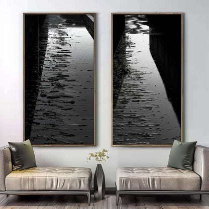 Serene Reflection: Black and White Oil Painting Diptych of Waterway Pathway