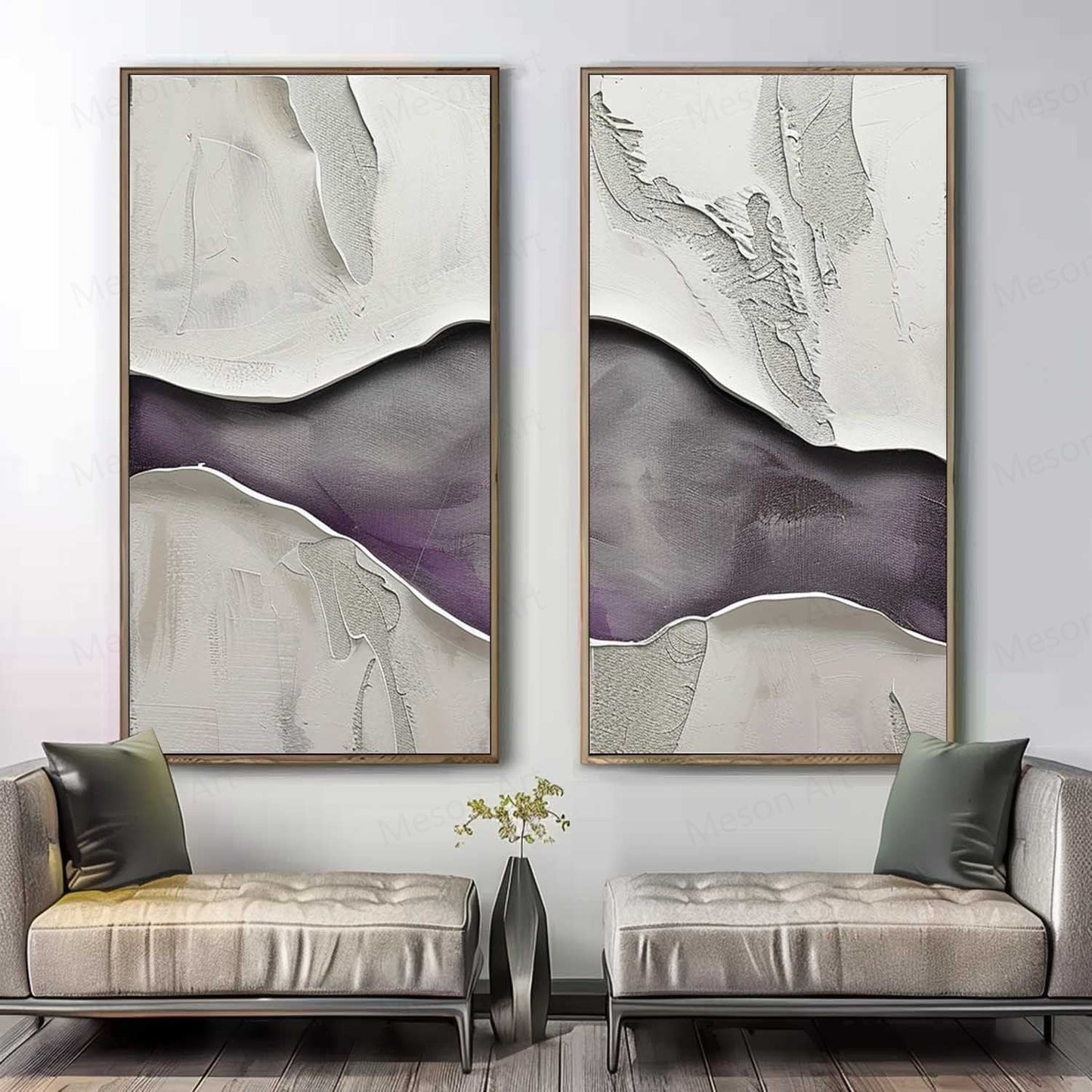 Abstract Purple and White Panoramic Oil Painting Two-Piece Set for Modern Decor