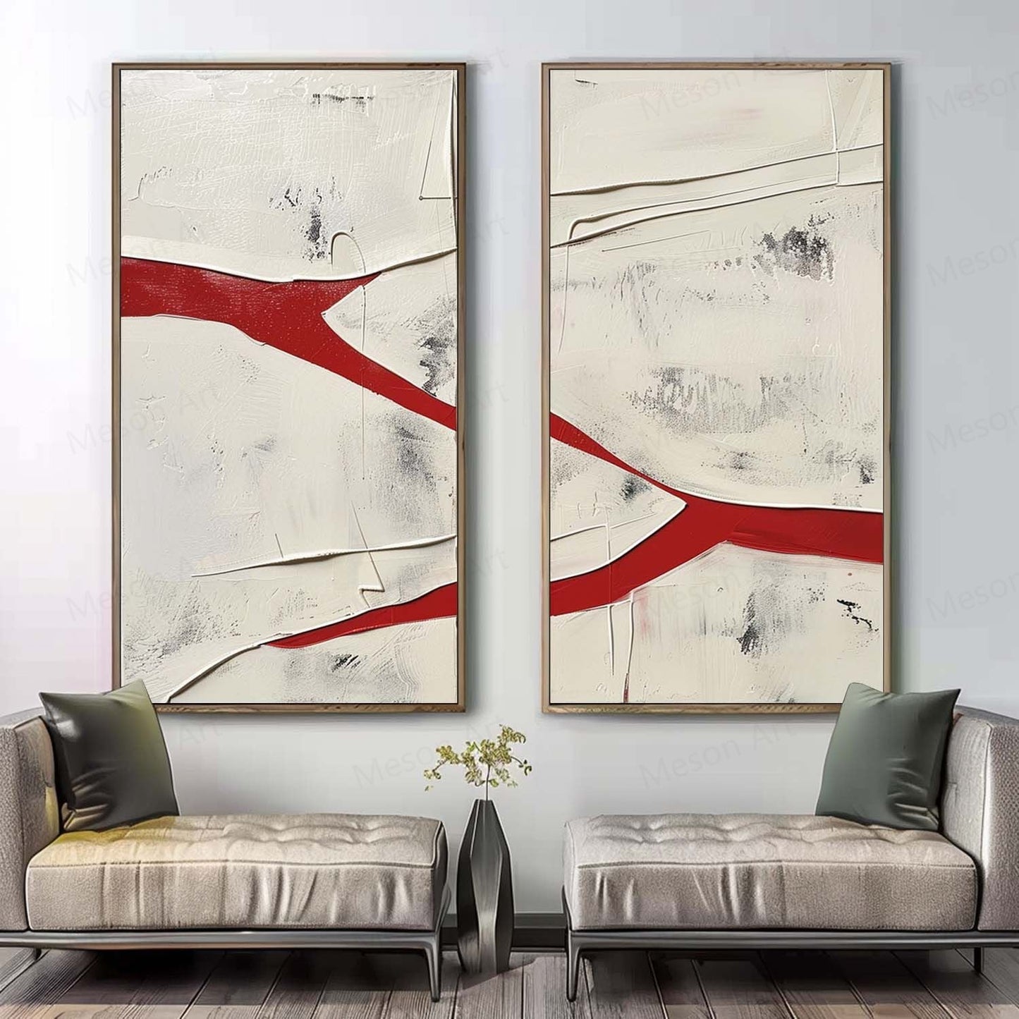 Abstract Red and White Dual Canvas Art Set for Modern Home Decor