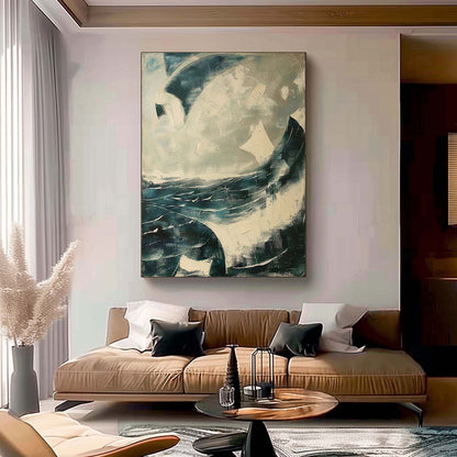 Abstract Ocean Waves Oil Painting with Textured Brushwork for Modern Decor