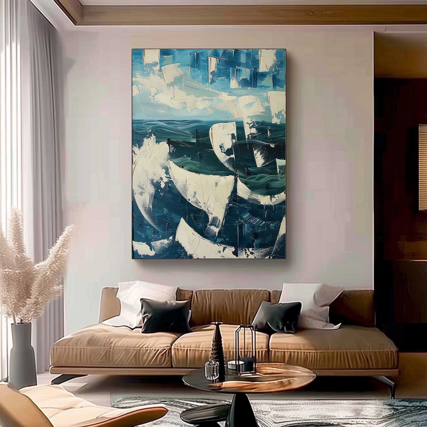 Vibrant Abstract Ocean Waves Oil Painting with Textured Plaster Finish