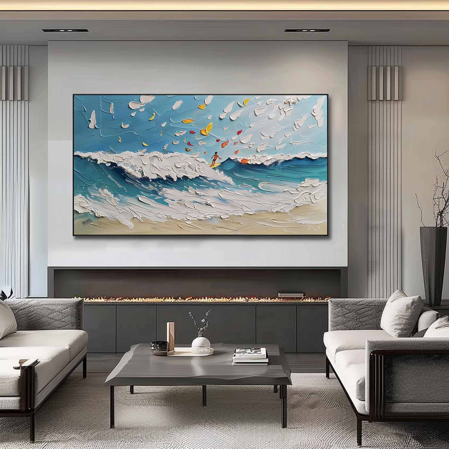 Dynamic Ocean Waves Oil Painting with Surfer and Whimsical Clouds