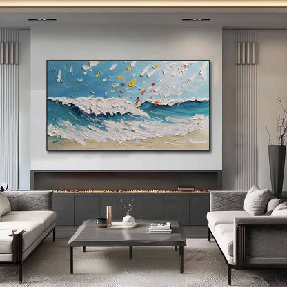 Dynamic Ocean Waves Oil Painting with Surfer and Whimsical Clouds