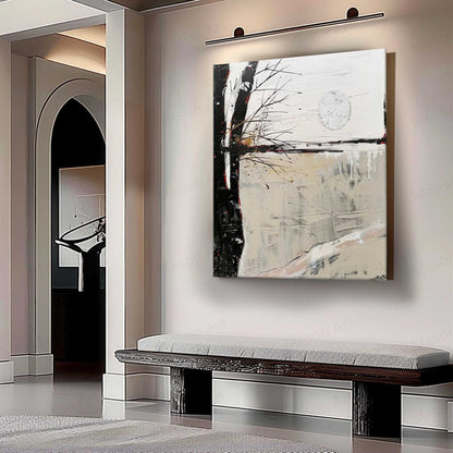 Serene Abstract Landscape Oil Painting with Moonlit Reflection and Minimalist Style