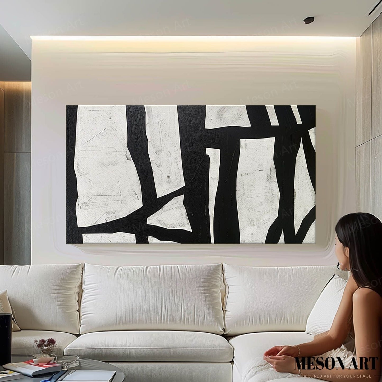 Abstract Black and White Minimalist Oil Painting for Modern Home Decor