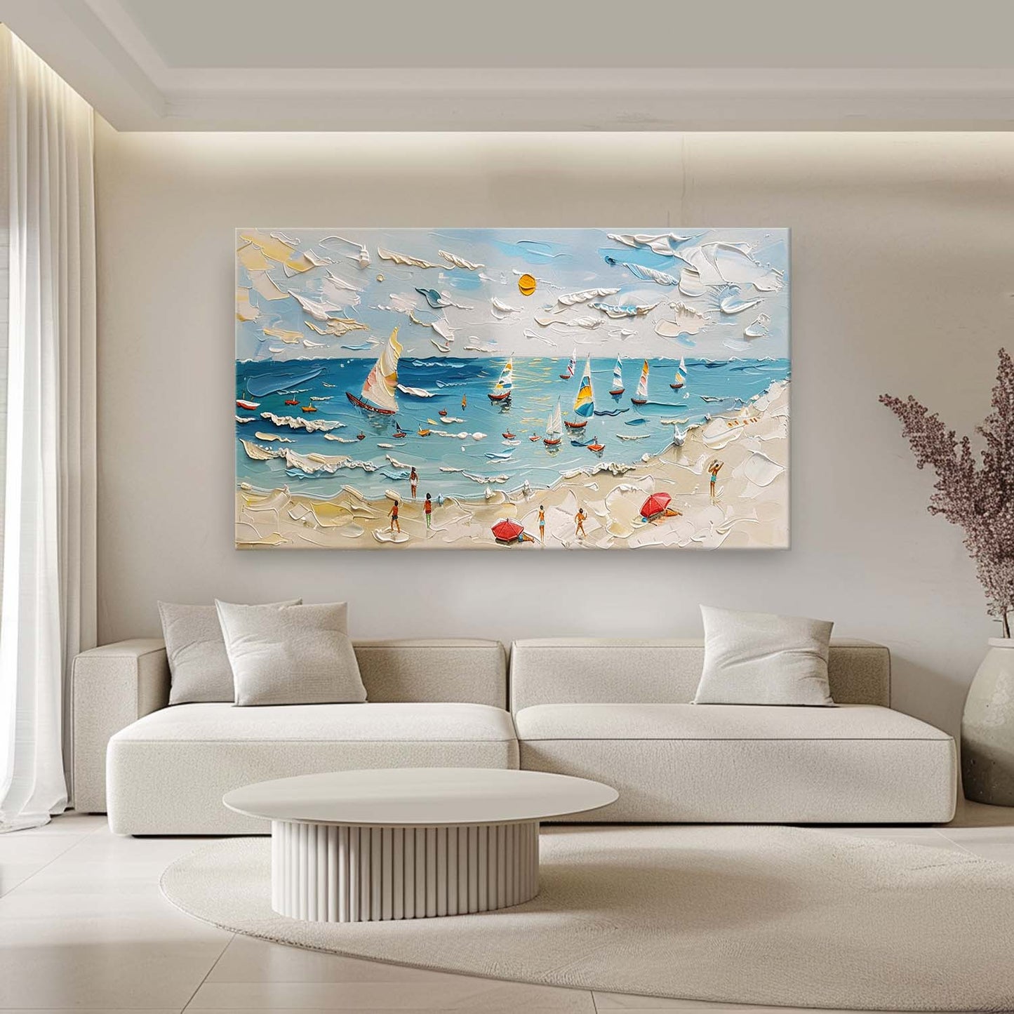 Vibrant Coastal Scene: Sailboats, Beachgoers, and Texture in Oil Painting