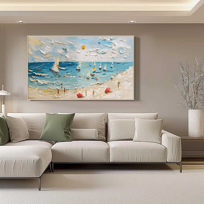 Vibrant Coastal Scene: Sailboats, Beachgoers, and Texture in Oil Painting