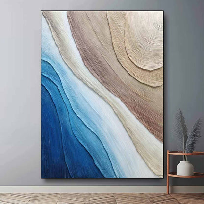 Abstract Ocean Waves Oil Painting with Textured Layers in Blues and Neutrals