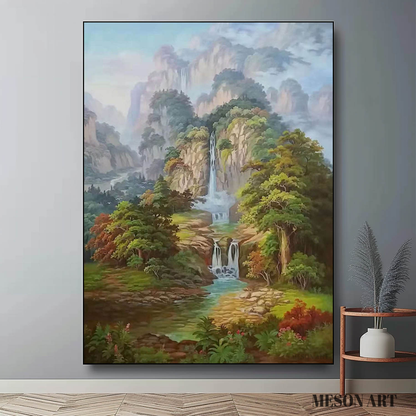Serene Waterfall Landscape Oil Painting for Tranquil Home Décor