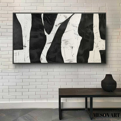 Abstract Black and White Minimalist Oil Painting for Modern Home Decor