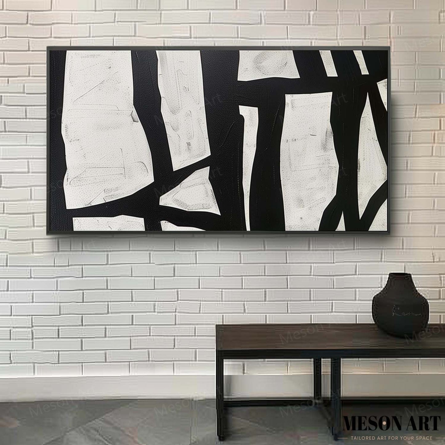 Abstract Black and White Minimalist Oil Painting for Modern Home Decor