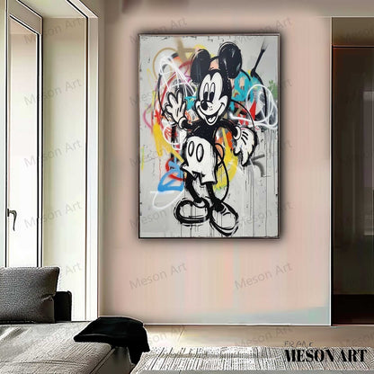 Vibrant Mickey Mouse Abstract Graffiti Oil Painting for Contemporary Home Decor