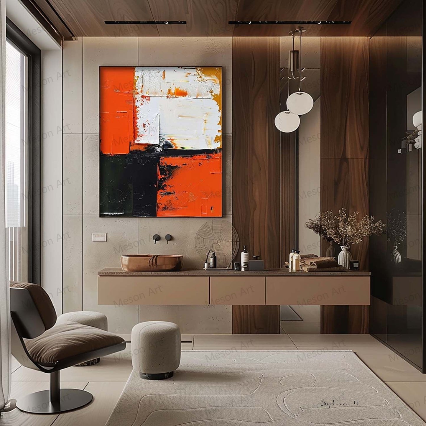 Abstract Orange and Black Oil Painting for Modern Home Decor