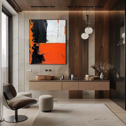 Bold Abstract Oil Painting with Black, White, and Orange Accents for Modern Decor