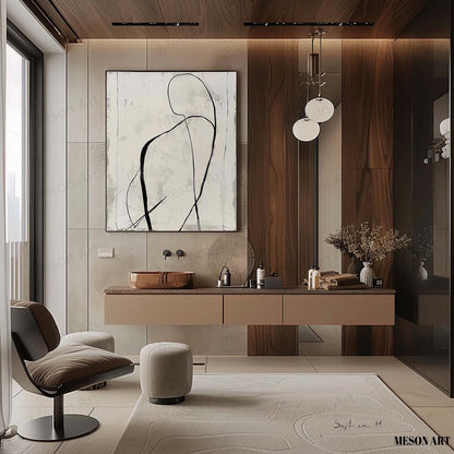 Elegant Black and White Abstract Minimalist Oil Painting for Modern Home Decor
