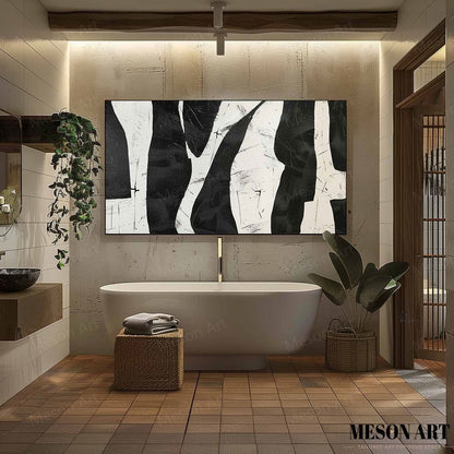 Abstract Black and White Minimalist Oil Painting for Modern Home Decor