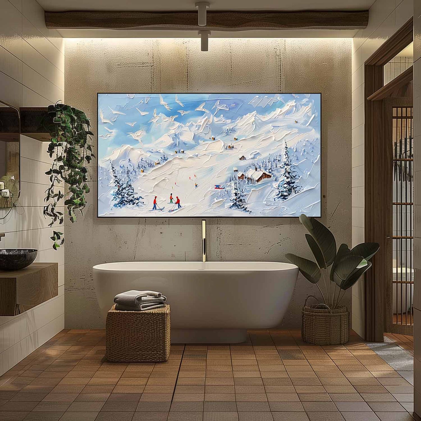 Winter Wonderland Ski Scene: Textured Oil Painting of Snowy Mountains and Adventurers