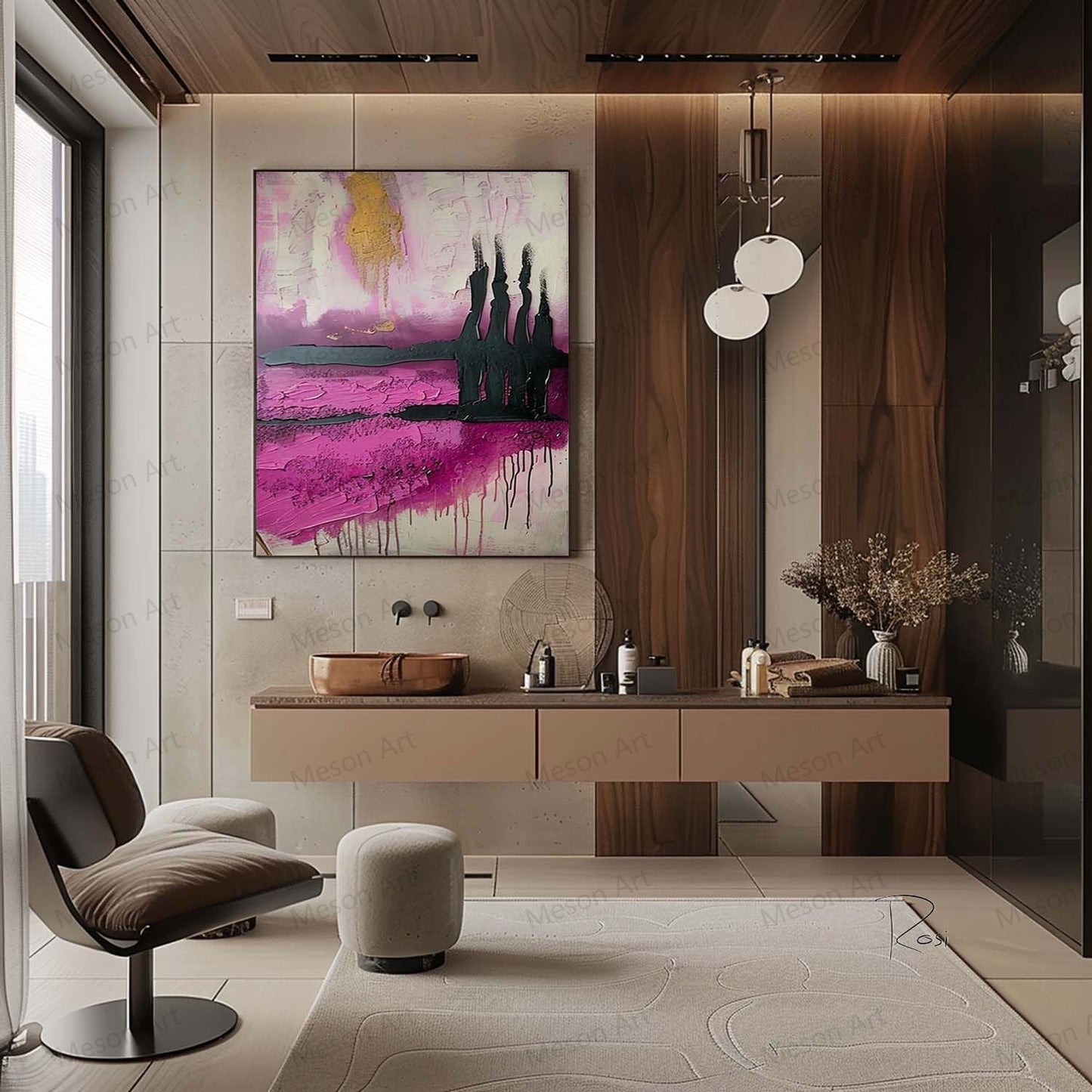 Abstract Pink and Black Oil Painting with Gold Accents for Modern Home Decor