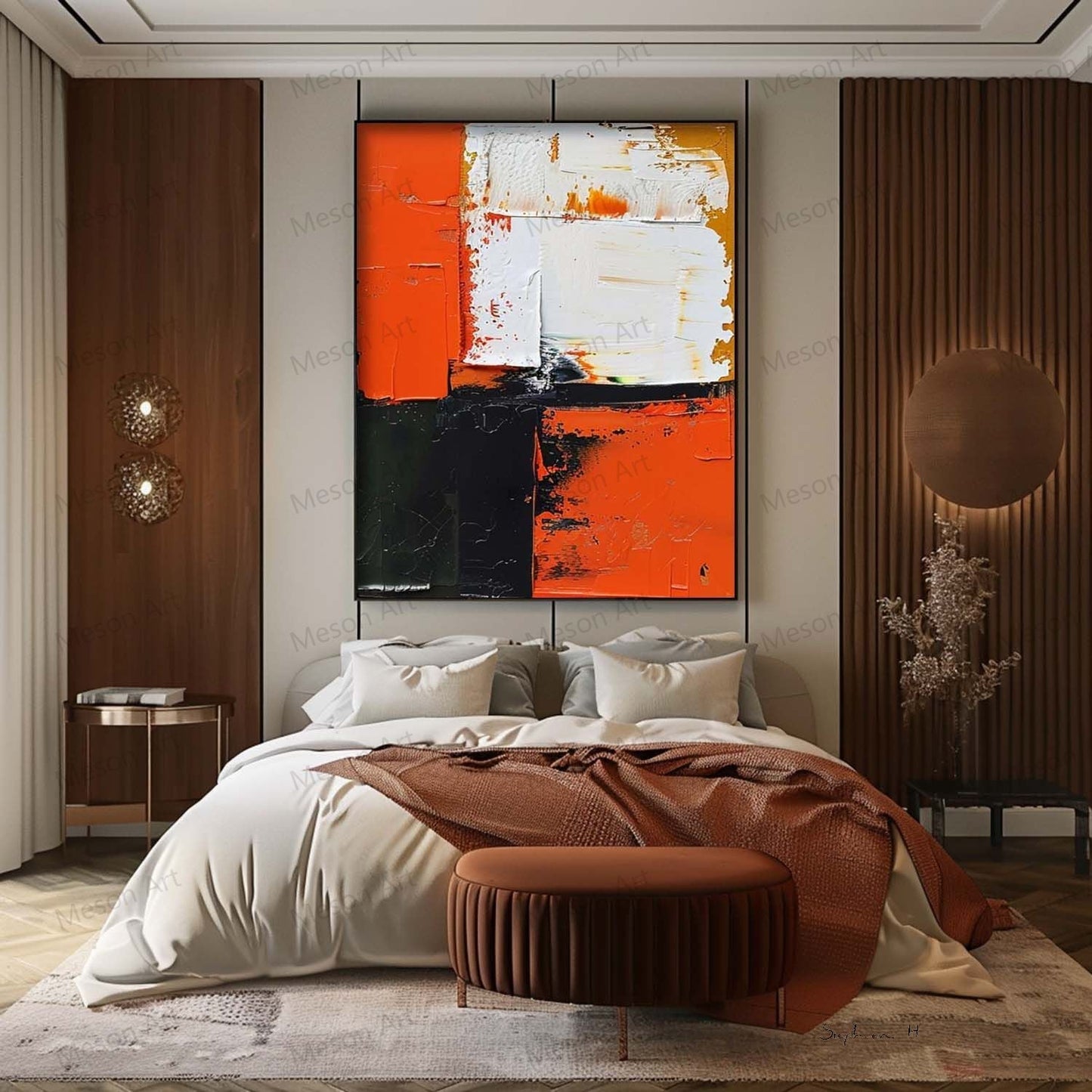 Abstract Orange and Black Oil Painting for Modern Home Decor