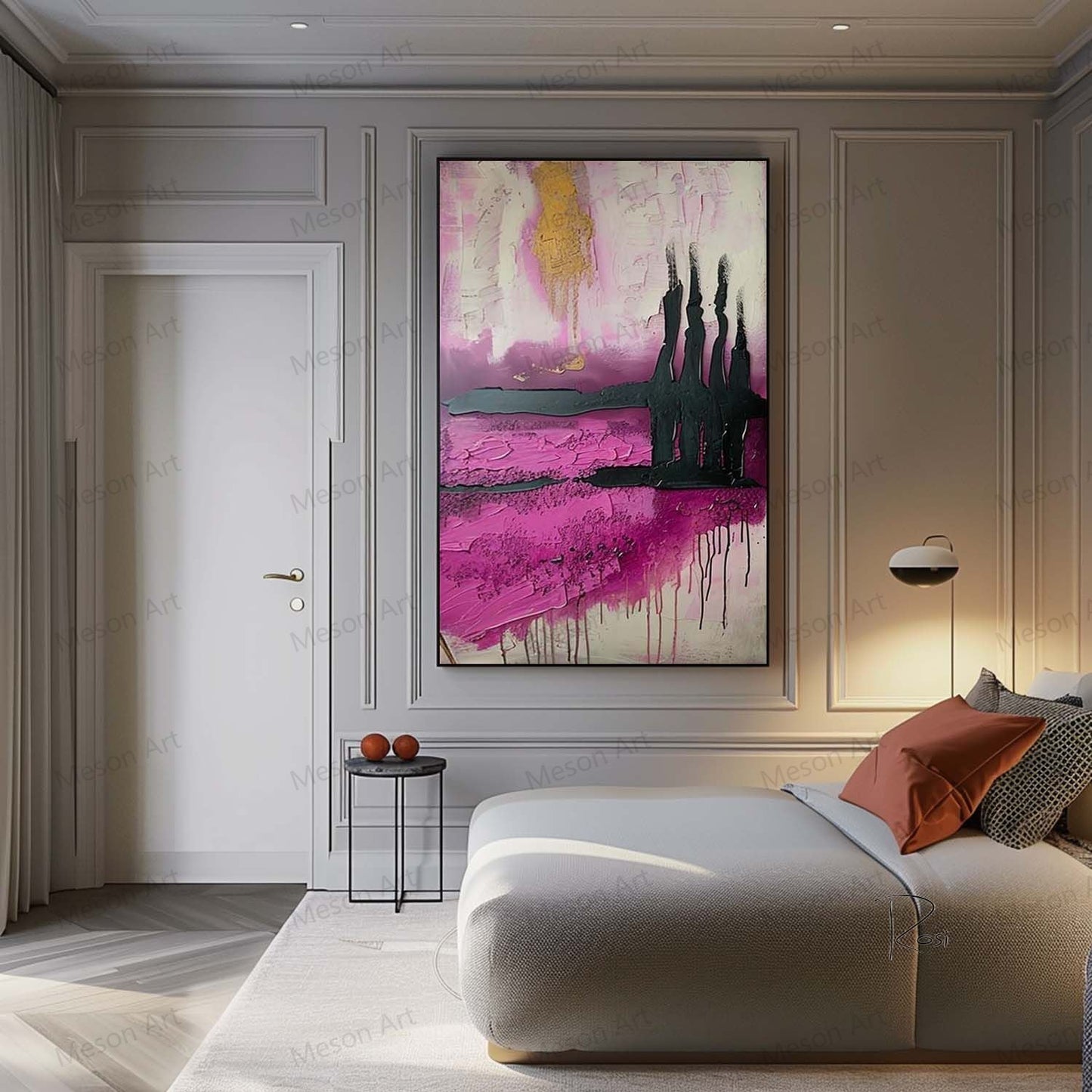 Abstract Pink and Black Oil Painting with Gold Accents for Modern Home Decor