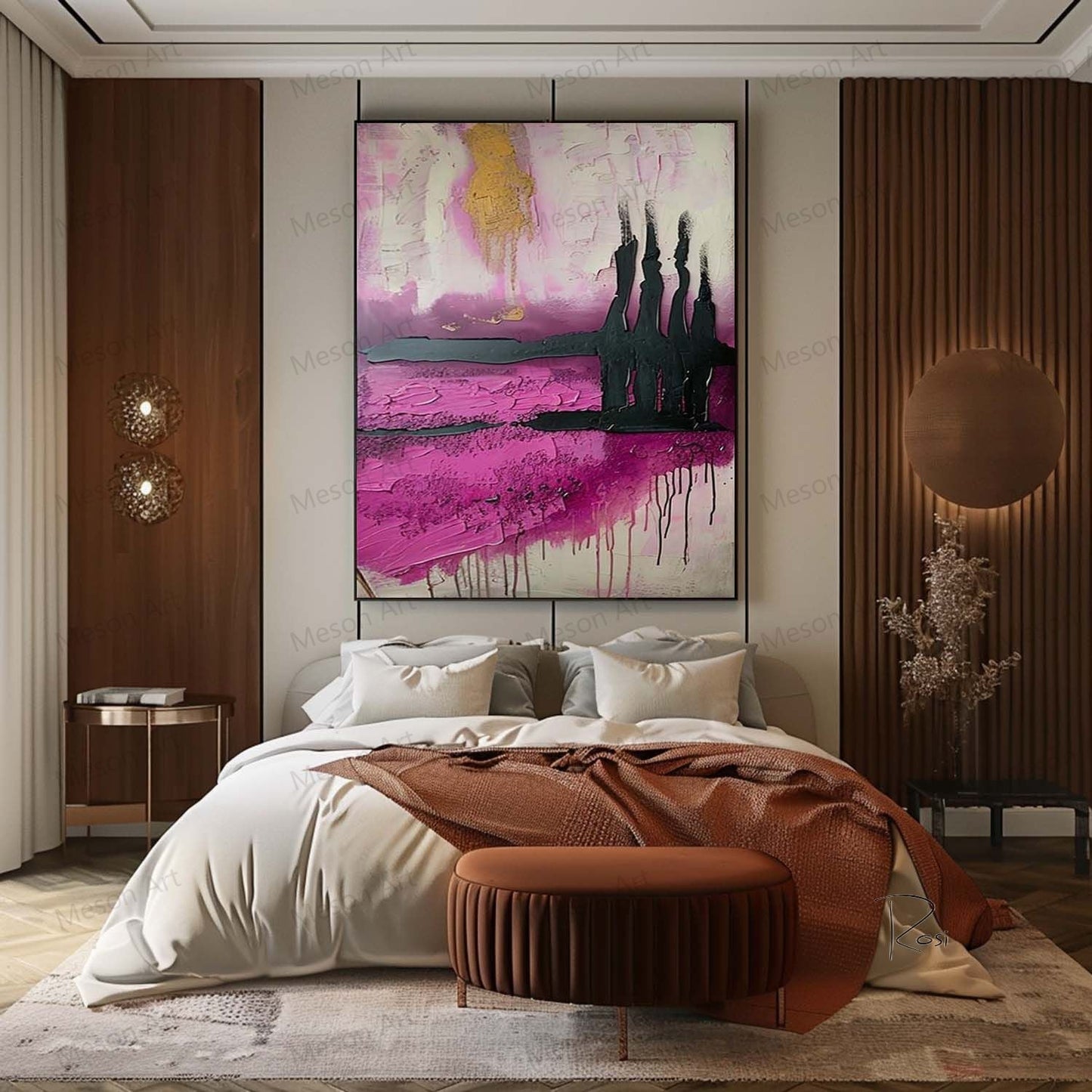 Abstract Pink and Black Oil Painting with Gold Accents for Modern Home Decor