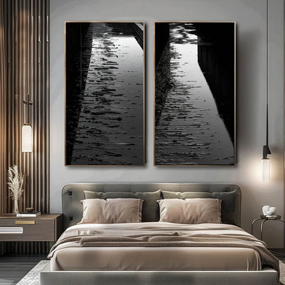 Serene Reflection: Black and White Oil Painting Diptych of Waterway Pathway