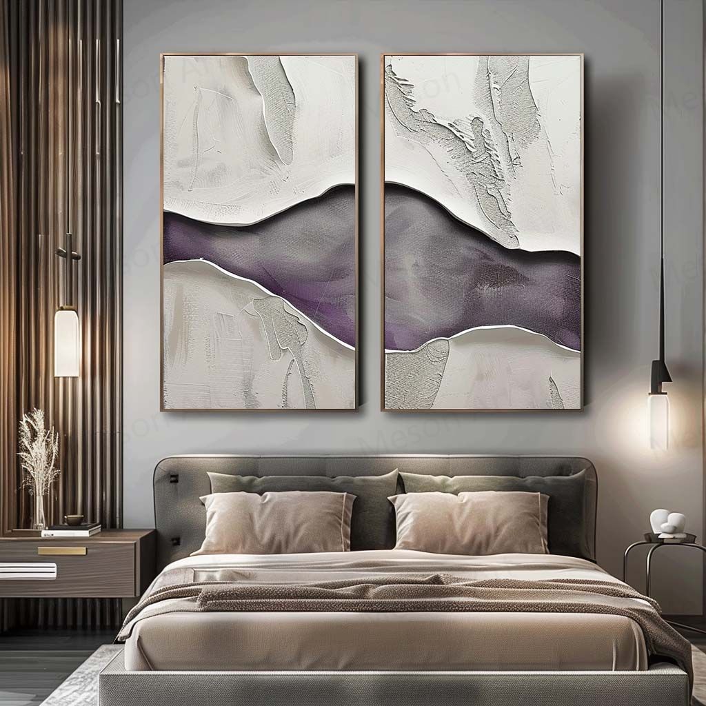 Abstract Purple and White Panoramic Oil Painting Two-Piece Set for Modern Decor