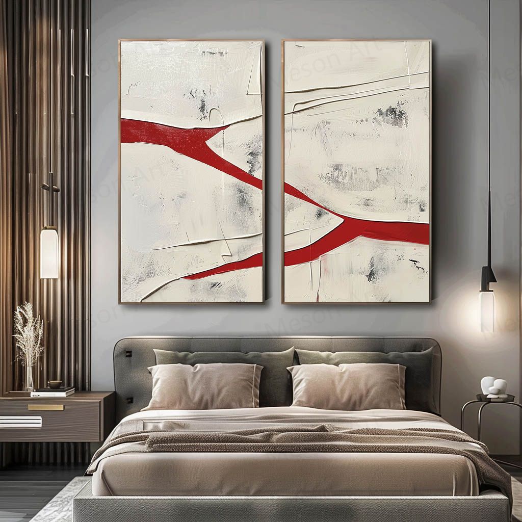 Abstract Red and White Dual Canvas Art Set for Modern Home Decor