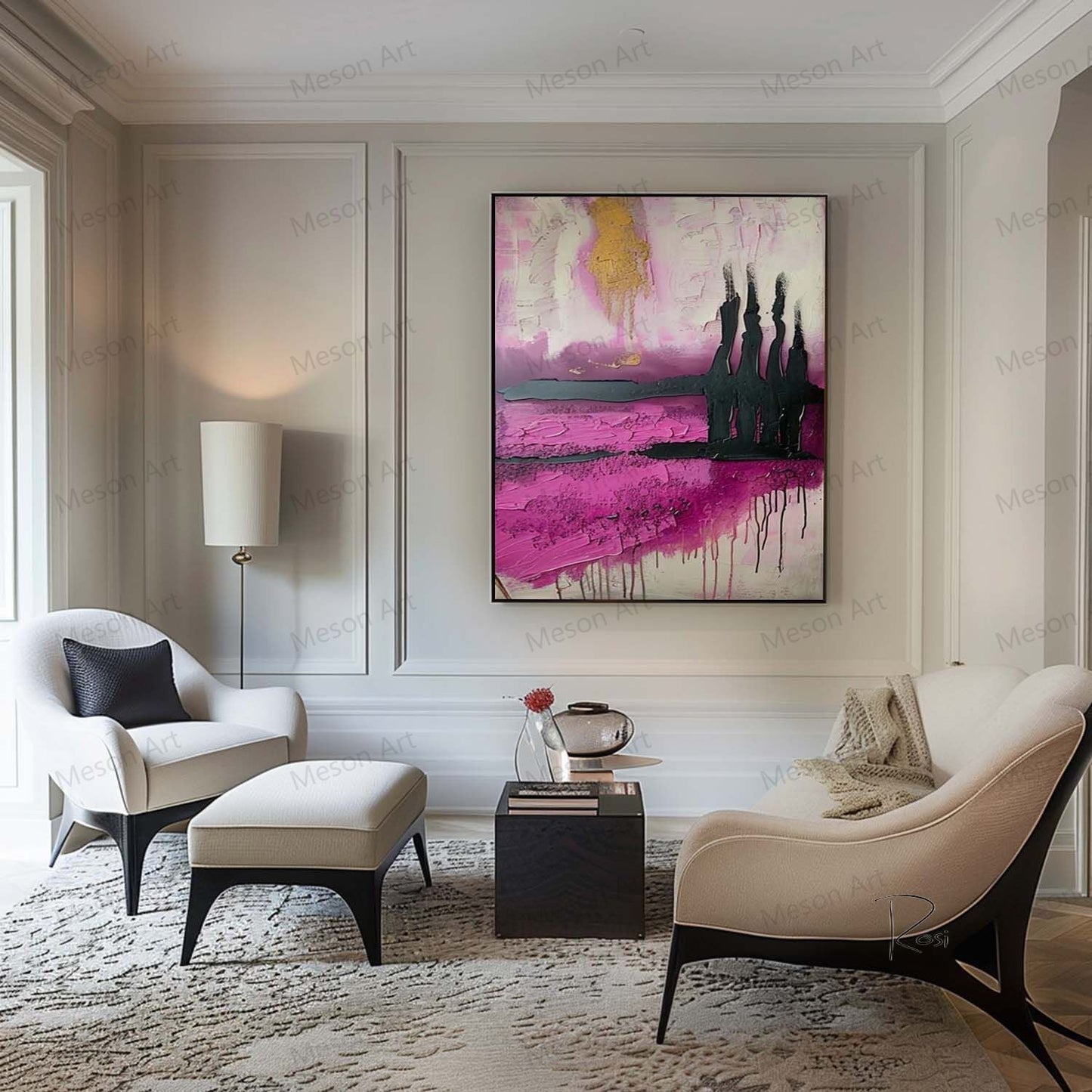 Abstract Pink and Black Oil Painting with Gold Accents for Modern Home Decor