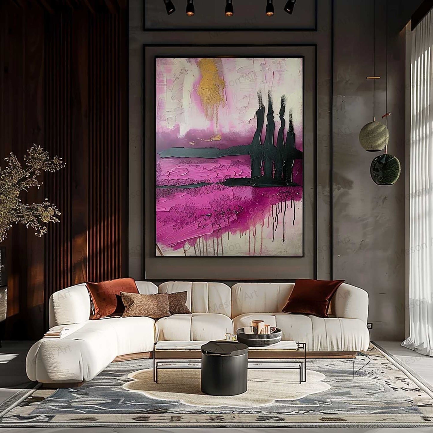 Abstract Pink and Black Oil Painting with Gold Accents for Modern Home Decor