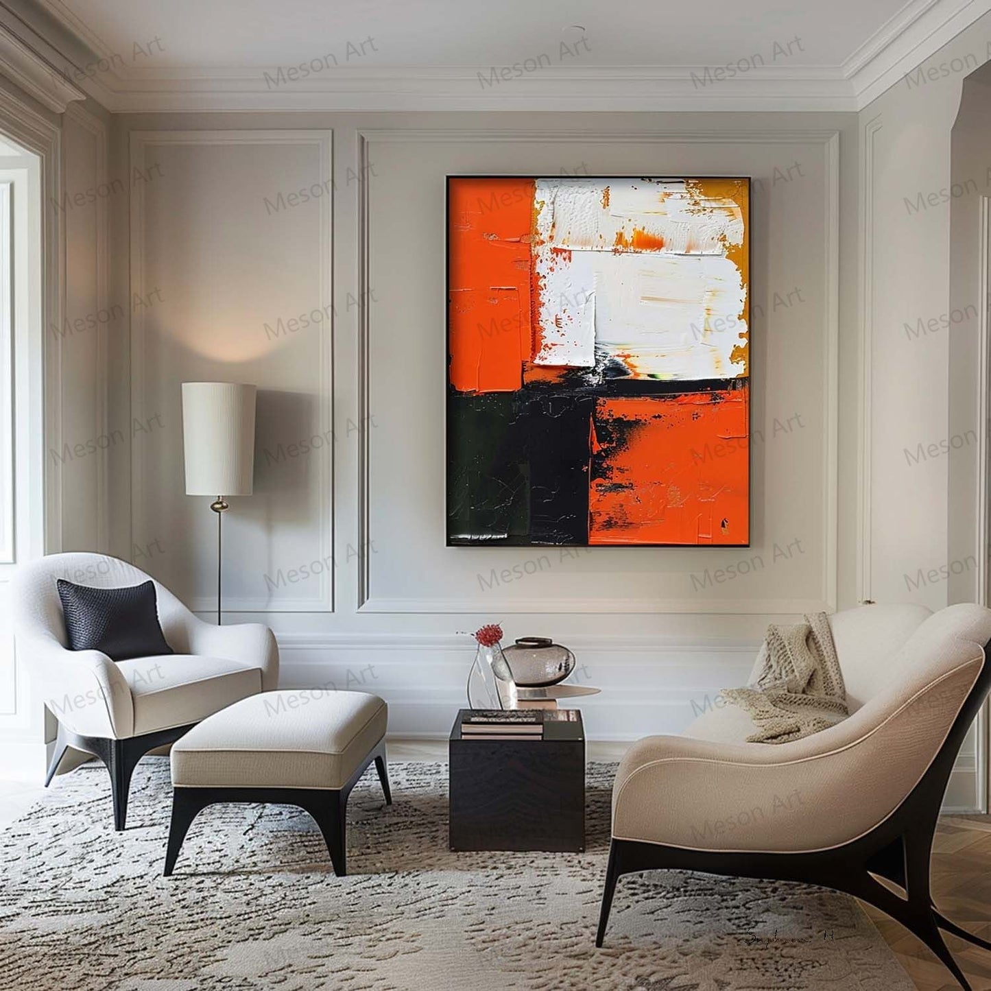 Abstract Orange and Black Oil Painting for Modern Home Decor