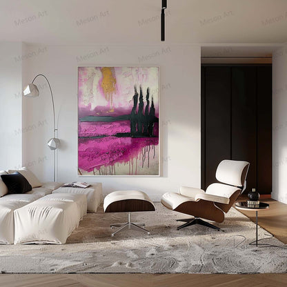 Abstract Pink and Black Oil Painting with Gold Accents for Modern Home Decor