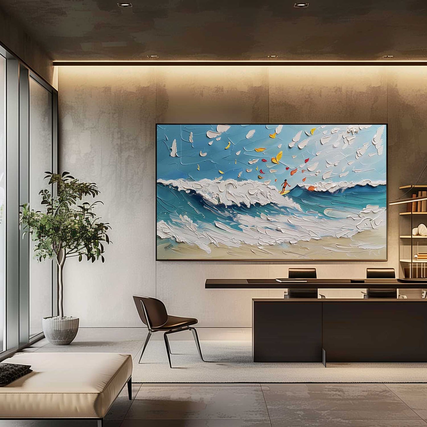 Dynamic Ocean Waves Oil Painting with Surfer and Whimsical Clouds