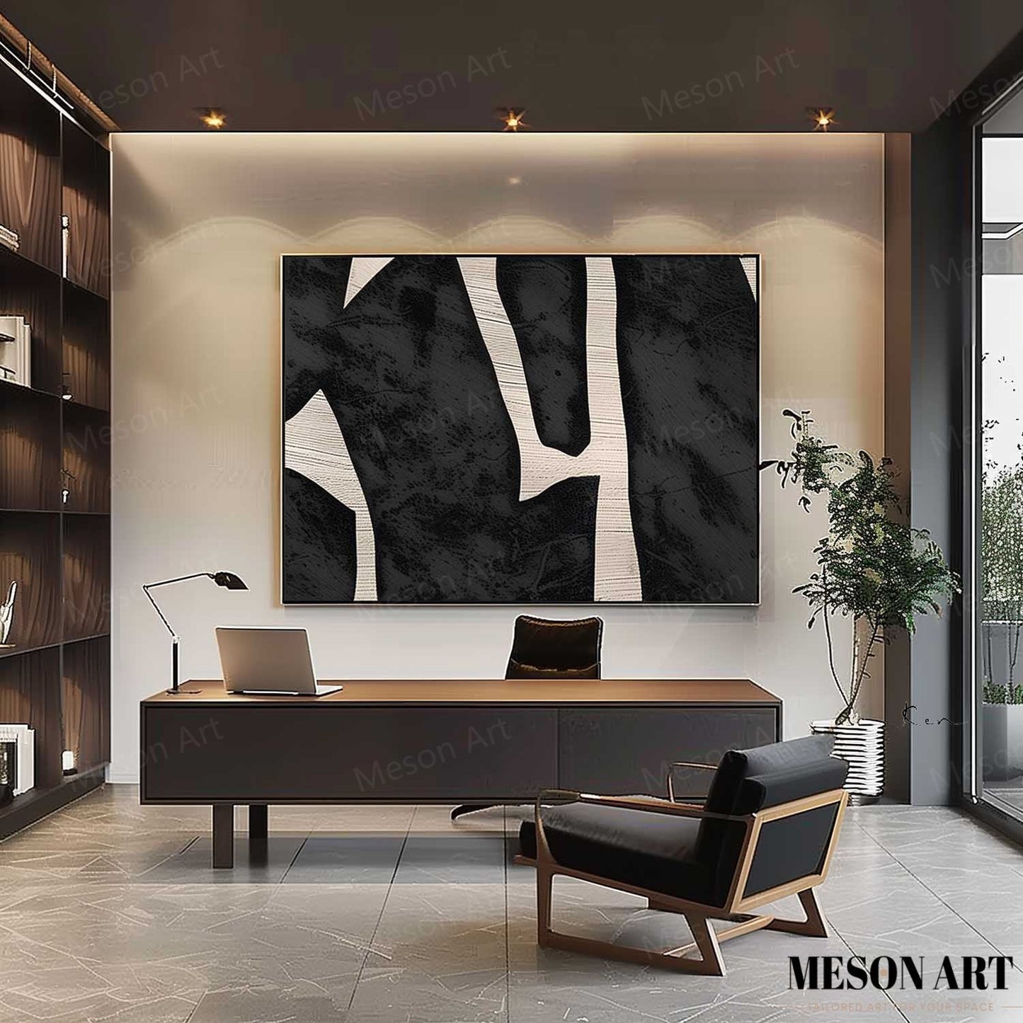 Abstract Black and White Minimalist Oil Painting for Modern Home Decor