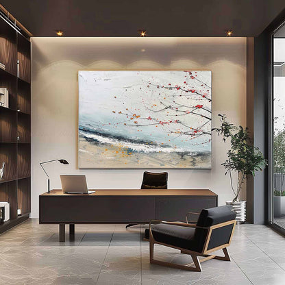 Abstract Landscape Oil Painting with Delicate Branches and Colorful Accents