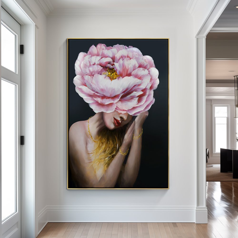 Enchanting Floral Portrait: Feminine Beauty and Nature in Oil Painting