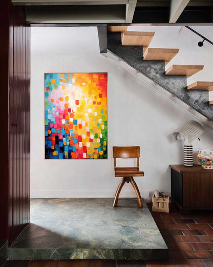 Vibrant Abstract Oil Painting with Colorful Square Patterns for Modern Home Decor