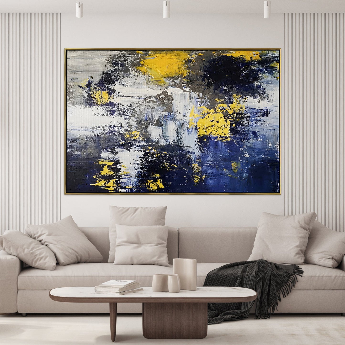 Vibrant Abstract Oil Painting of Stormy Seas with Bold Yellow Highlights