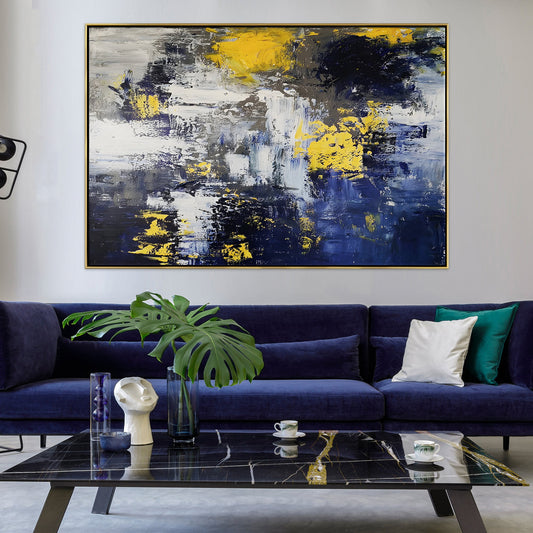 Vibrant Abstract Oil Painting of Stormy Seas with Bold Yellow Highlights