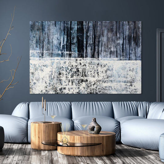 Serene Abstract Landscape Oil Painting in Soothing Blue and White Tones