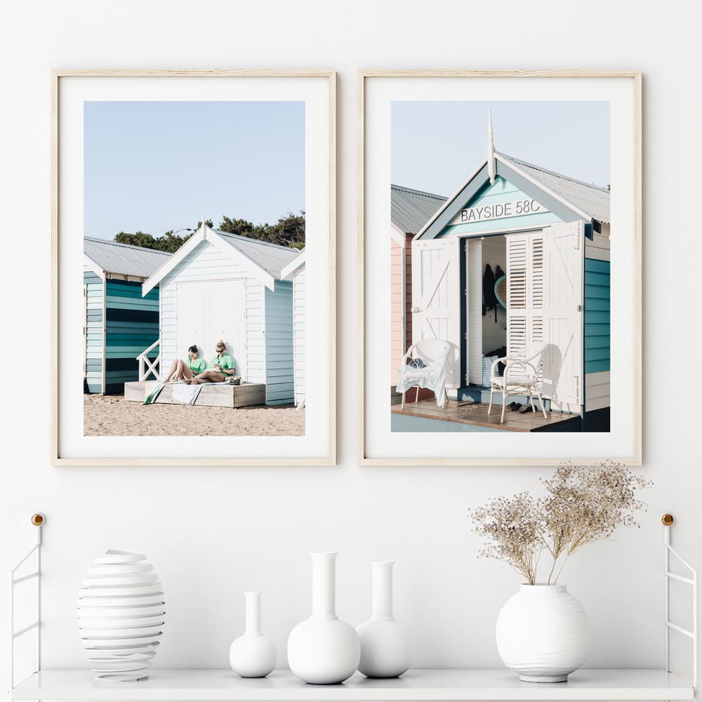 Brighton Beach Huts Pair - Colorful Oil Painting for Coastal Decor