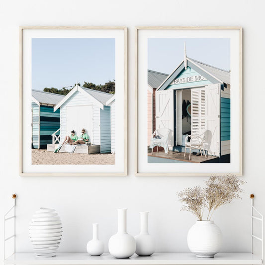 Brighton Beach Huts Pair - Colorful Oil Painting for Coastal Decor