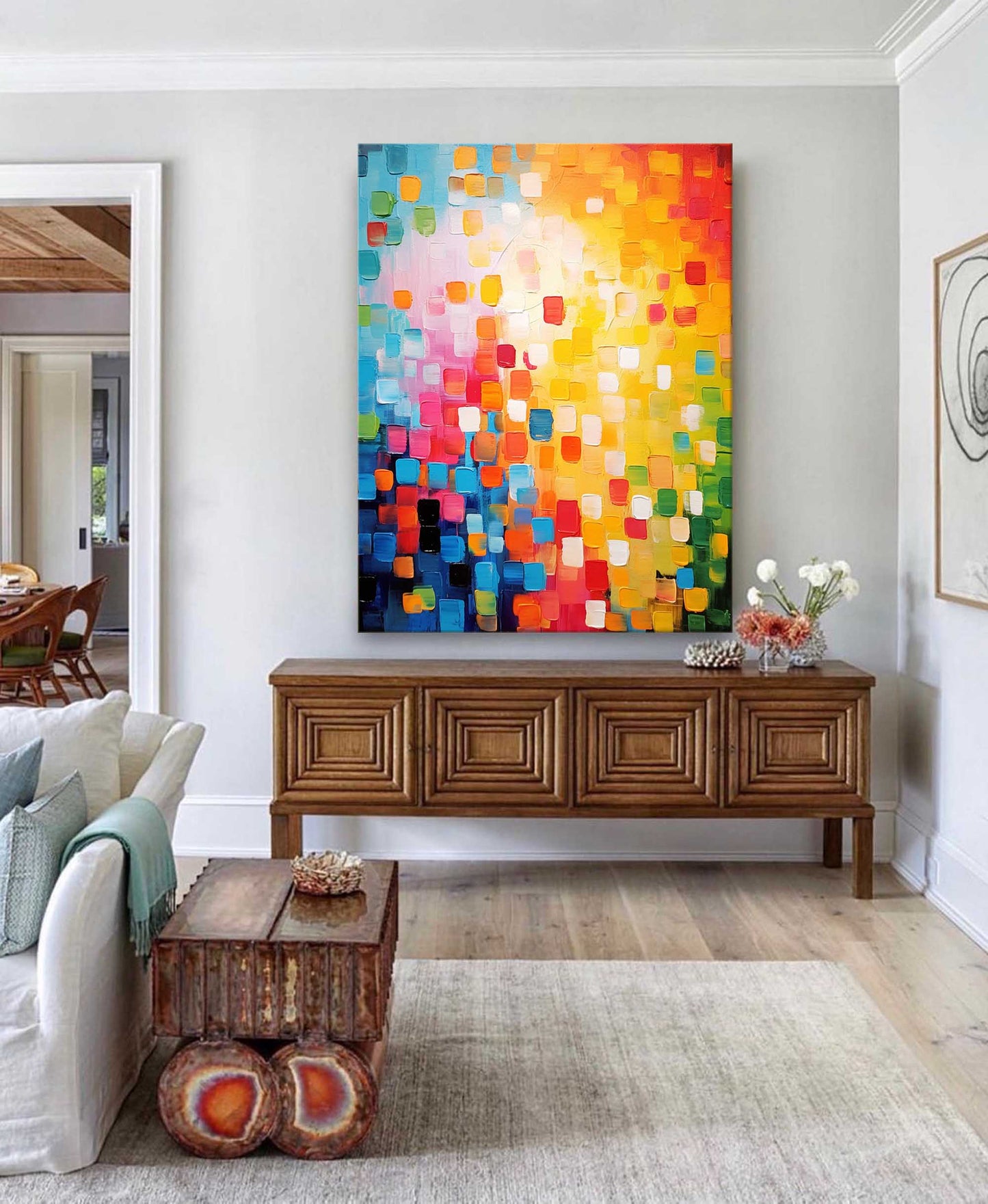 Vibrant Abstract Oil Painting with Colorful Square Patterns for Modern Home Decor