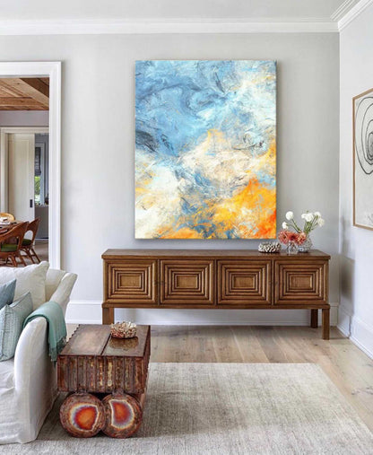 Vibrant Abstract Oil Painting in Blue and Orange Tones for Modern Art Decor