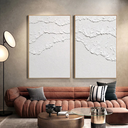 Textured White Abstract Oil Painting Pair for Modern Home Decor