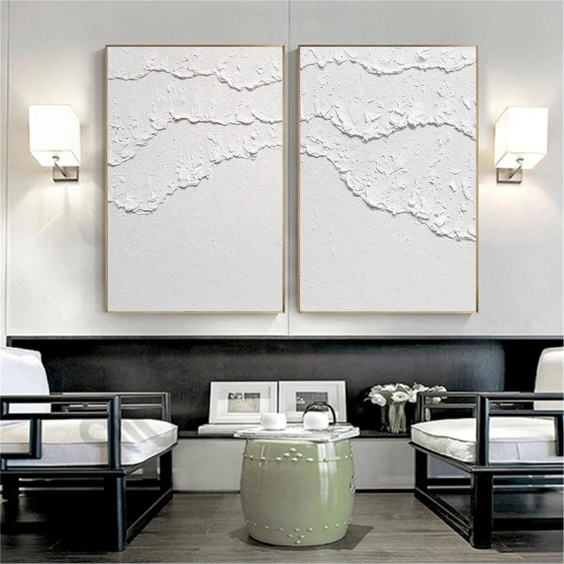 Textured White Abstract Oil Painting Pair for Modern Home Decor