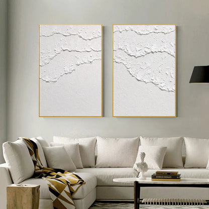 Textured White Abstract Oil Painting Pair for Modern Home Decor