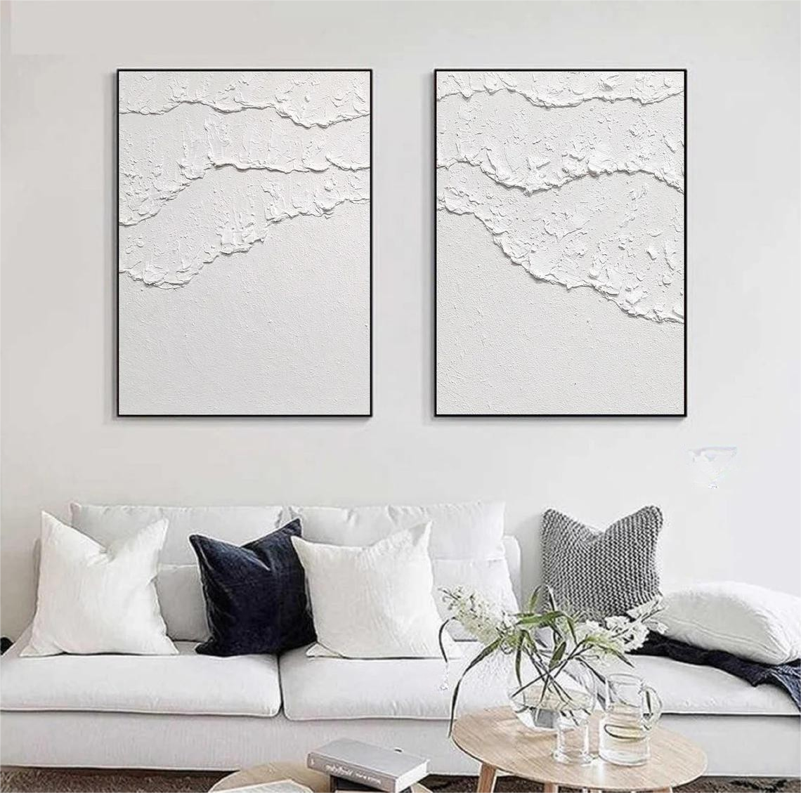 Textured White Abstract Oil Painting Pair for Modern Home Decor