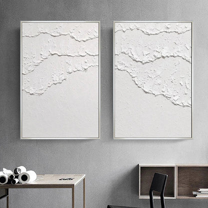 Textured White Abstract Oil Painting Pair for Modern Home Decor