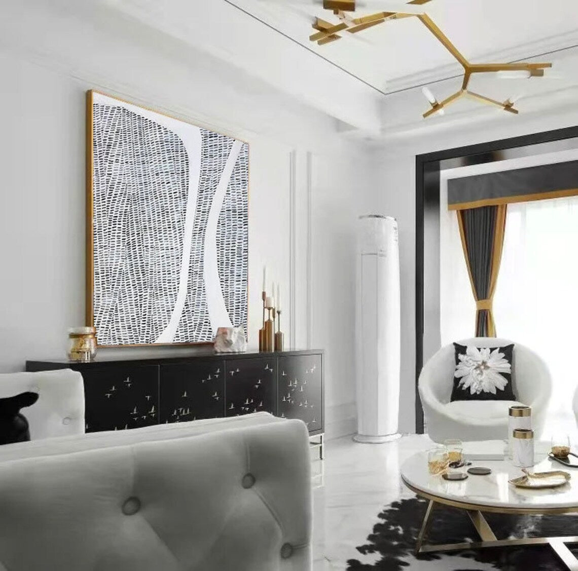 Modern Abstract Oil Painting with Curved Lines for Elegant Home Decor